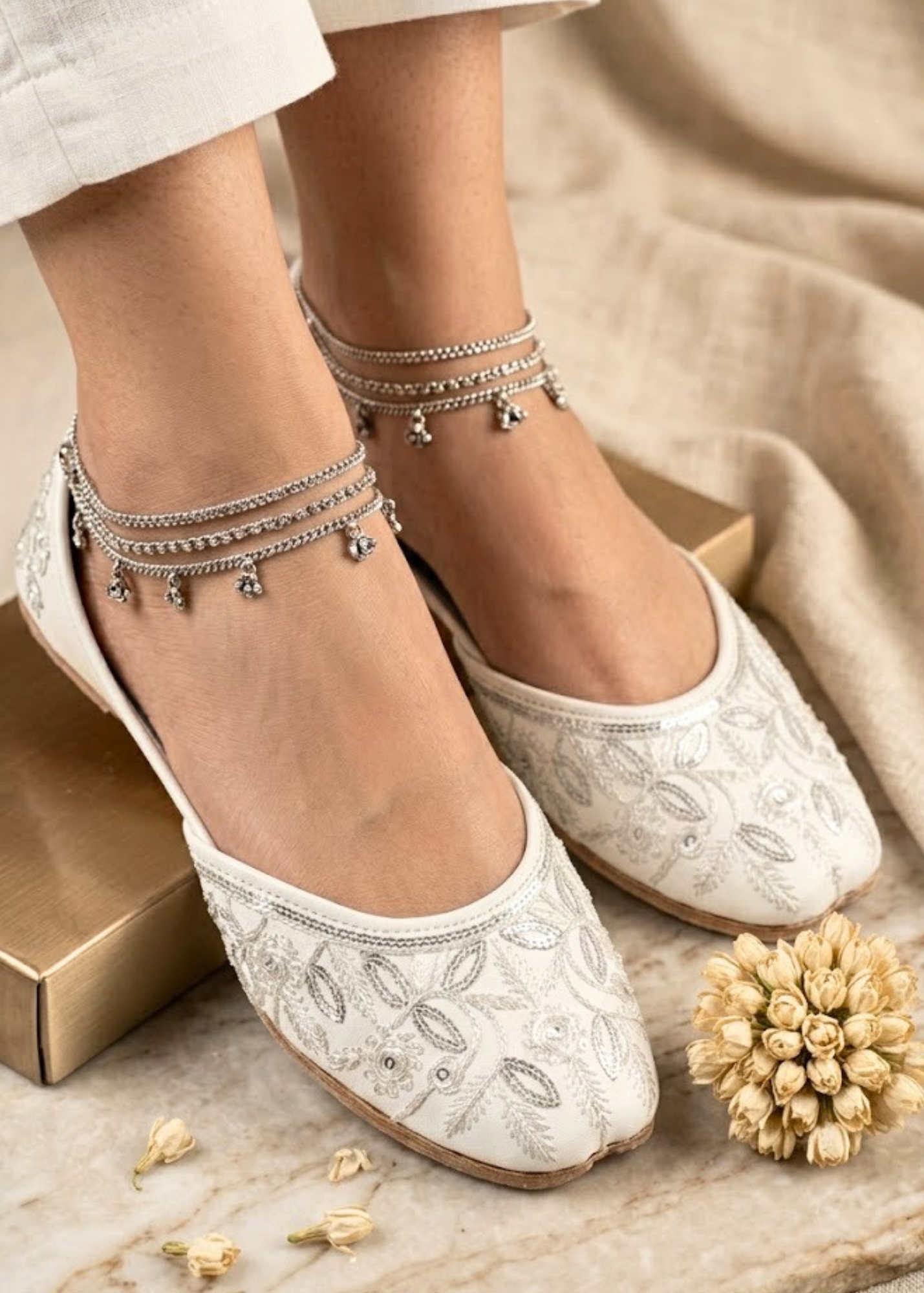 White Silver Embroidered Khussa Online in Sri Lanka India Australia