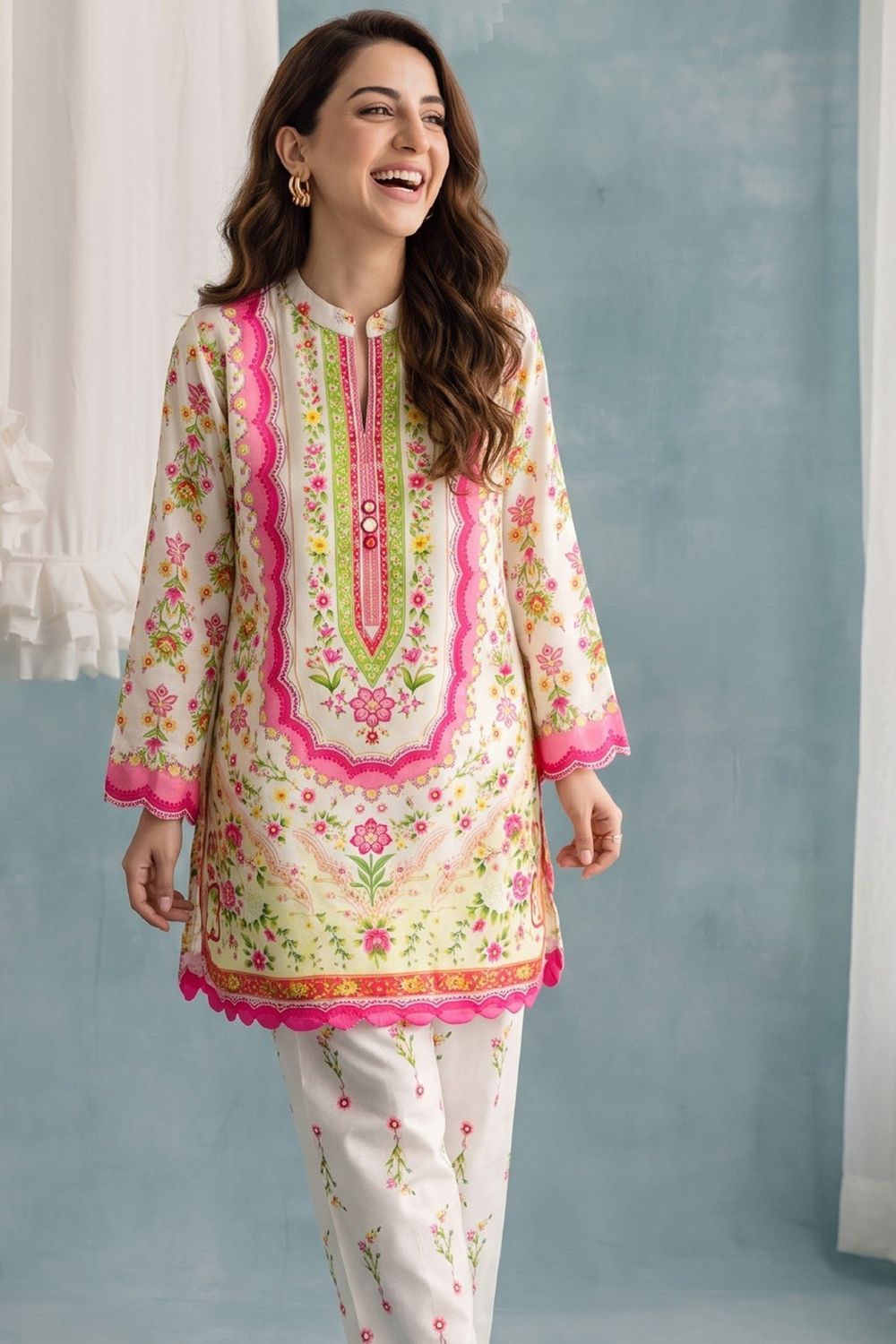 White Slub Lawn Straight Cut Kurta Set Online in Dubai UAE Abudhabi Ajman Sharjah