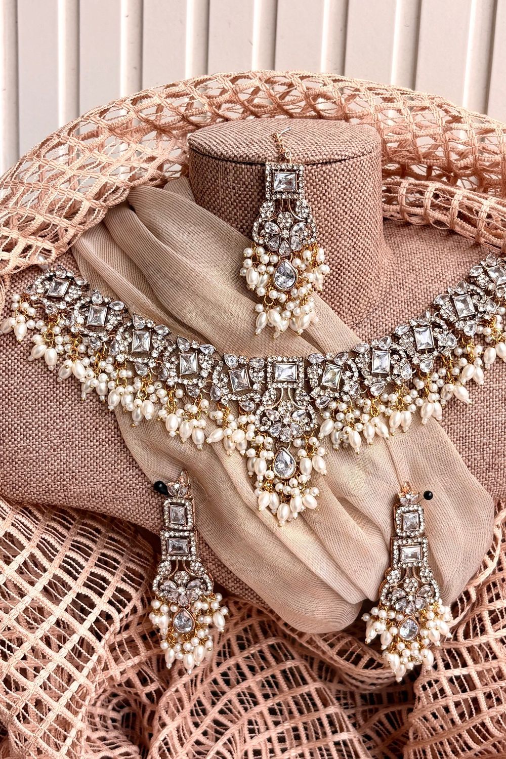 White Stone Work Bridal Necklace Set Online in Dubai UAE Abudhabi Ajman Sharjah