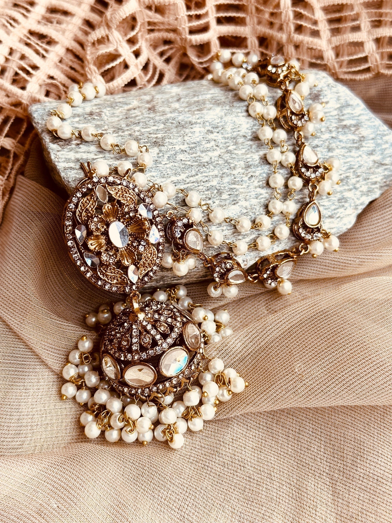 White Stone Work Earrings and Tikka Set Online in UK USA Canada
