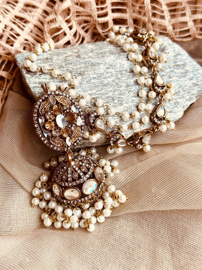White Stone Work Earrings and Tikka Set Online in UK USA Canada