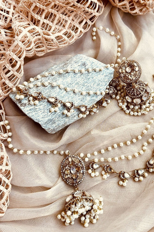 White Stone Work Jhumka Earrings and Tikka Set Online in Dubai UAE Abudhabi Ajman Sharjah