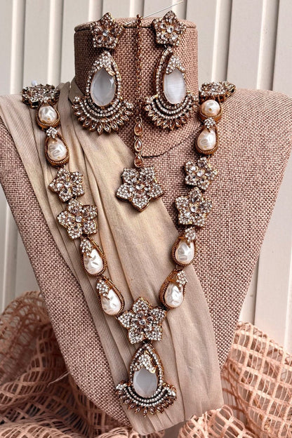 White Stone Work Mala Jewellery Set Online in Dubai UAE Abudhabi Ajman Sharjah