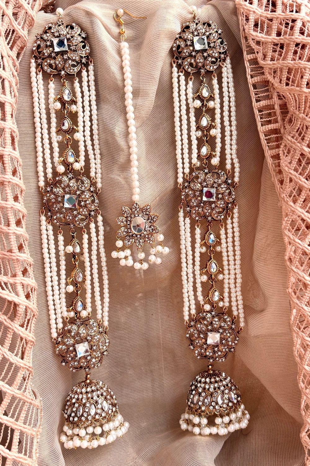White Stone Work Sahara Jhumki Set with Matching Tikka Online in Dubai UAE Abudhabi Ajman Sharjah