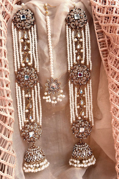 White Stone Work Sahara Jhumki Set with Matching Tikka Online in Dubai UAE Abudhabi Ajman Sharjah