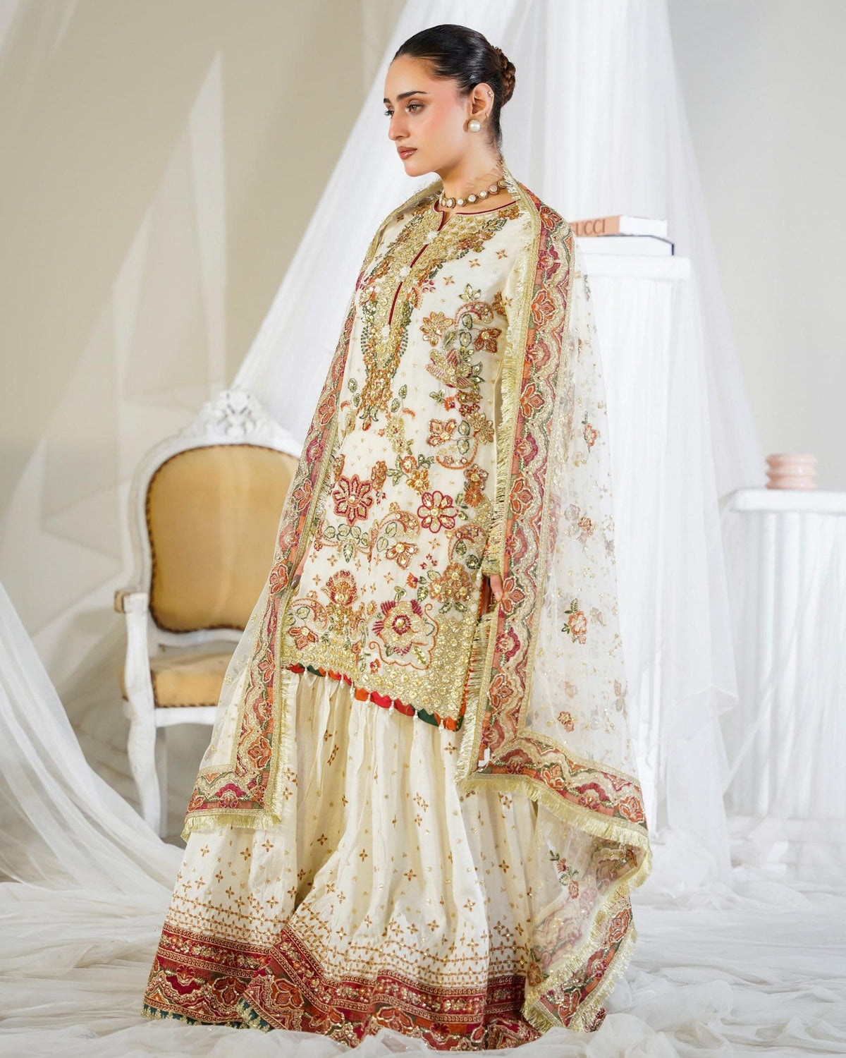 White Thread Tilla Sequence Work Chiffon Garara Online in Sri Lanka India Australia