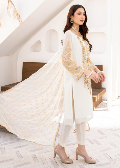White Tilla Dabka Embroidered Chiffon Suit Online in Dubai DXB UAE Abudhabi Meena Bazaar