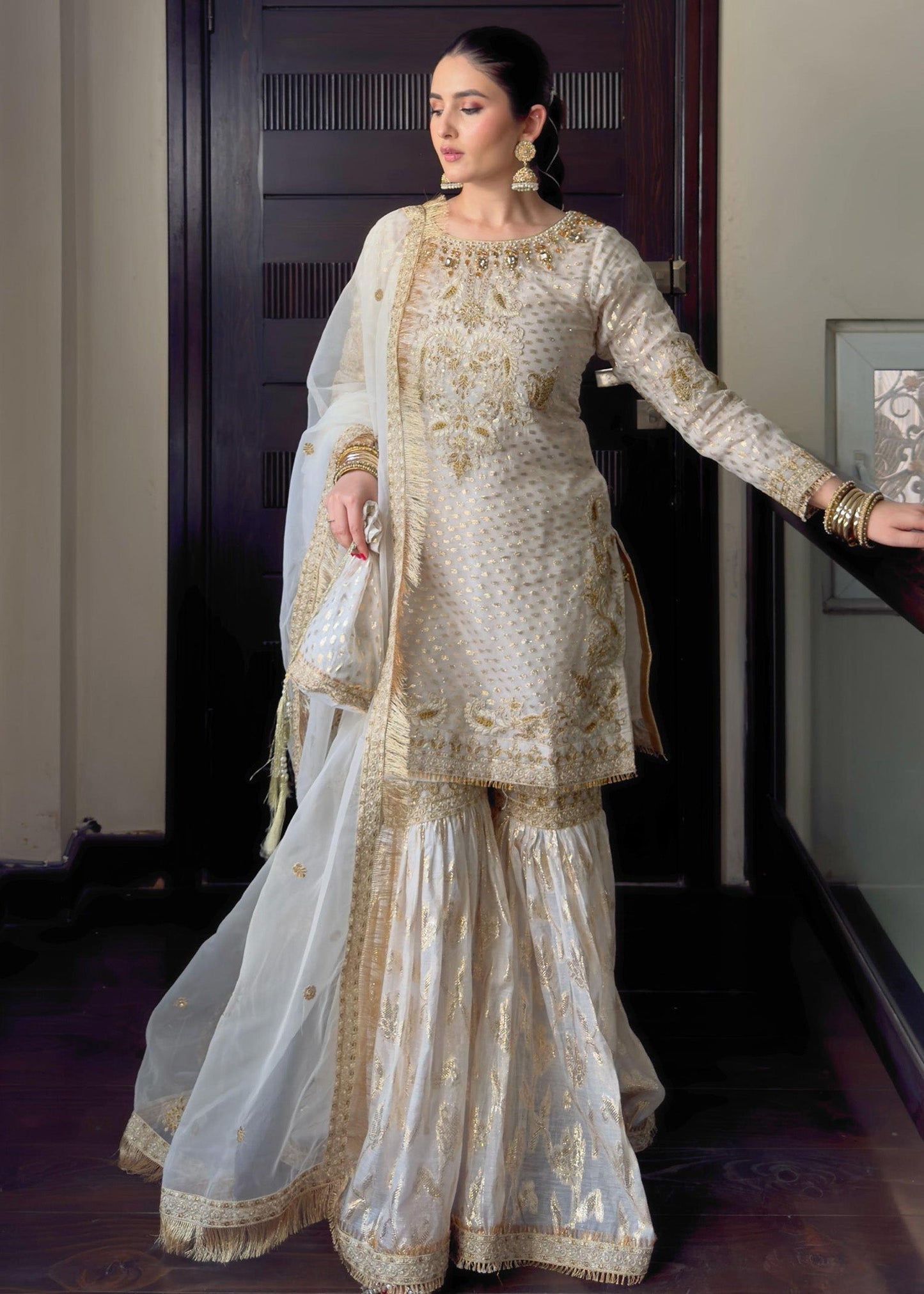 White Zari Organza Banarsi Trouser Gharara Online in Sri Lanka India Australia