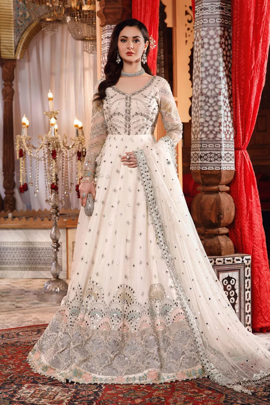 Pearl White & Peachy Silver Silk Anarkali