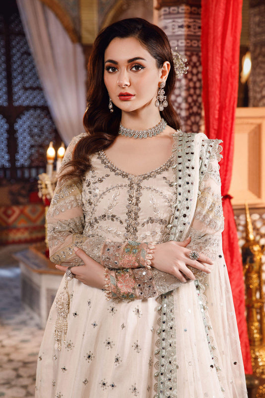 Pearl White & Peachy Silver Silk Anarkali