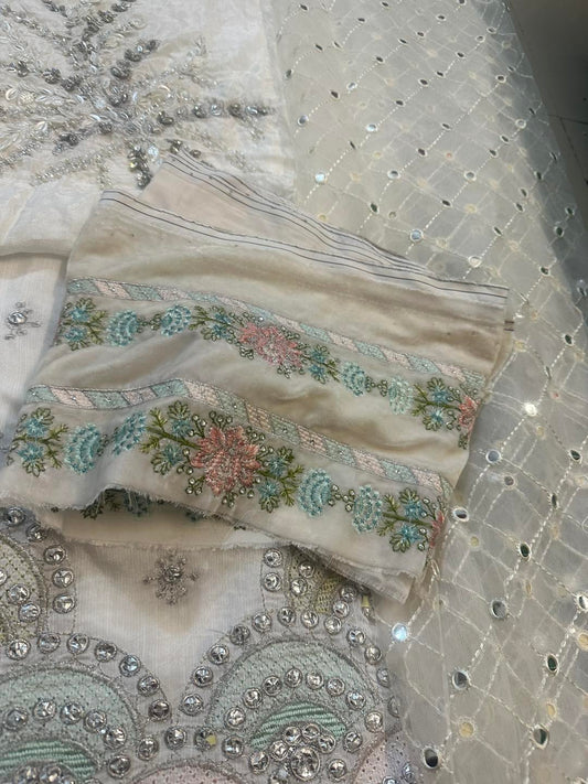 Pearl White & Peachy Silver Silk Anarkali