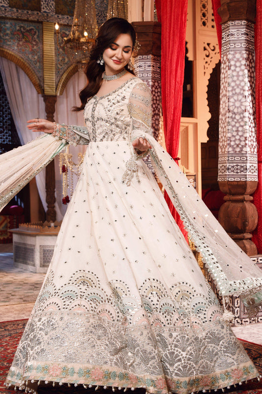 Pearl White & Peachy Silver Silk Anarkali
