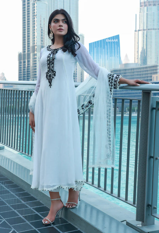 White & Black Hand Embroidered Pure Chiffon Suit