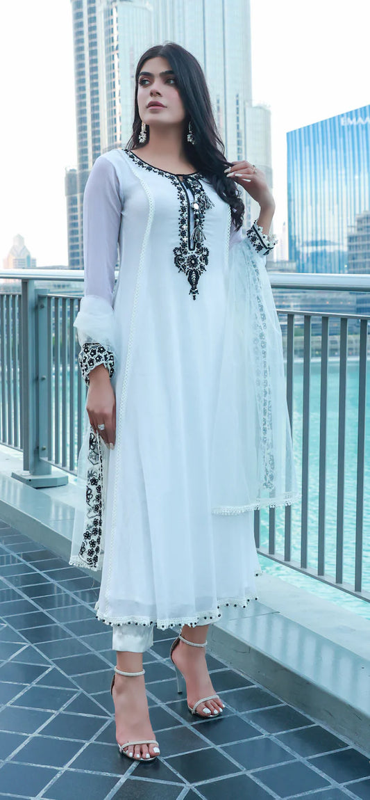 White & Black Hand Embroidered Pure Chiffon Suit