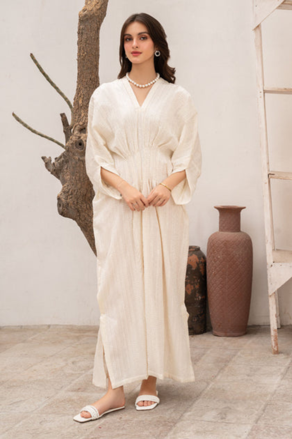 White Sequins Embroidered Kaftan