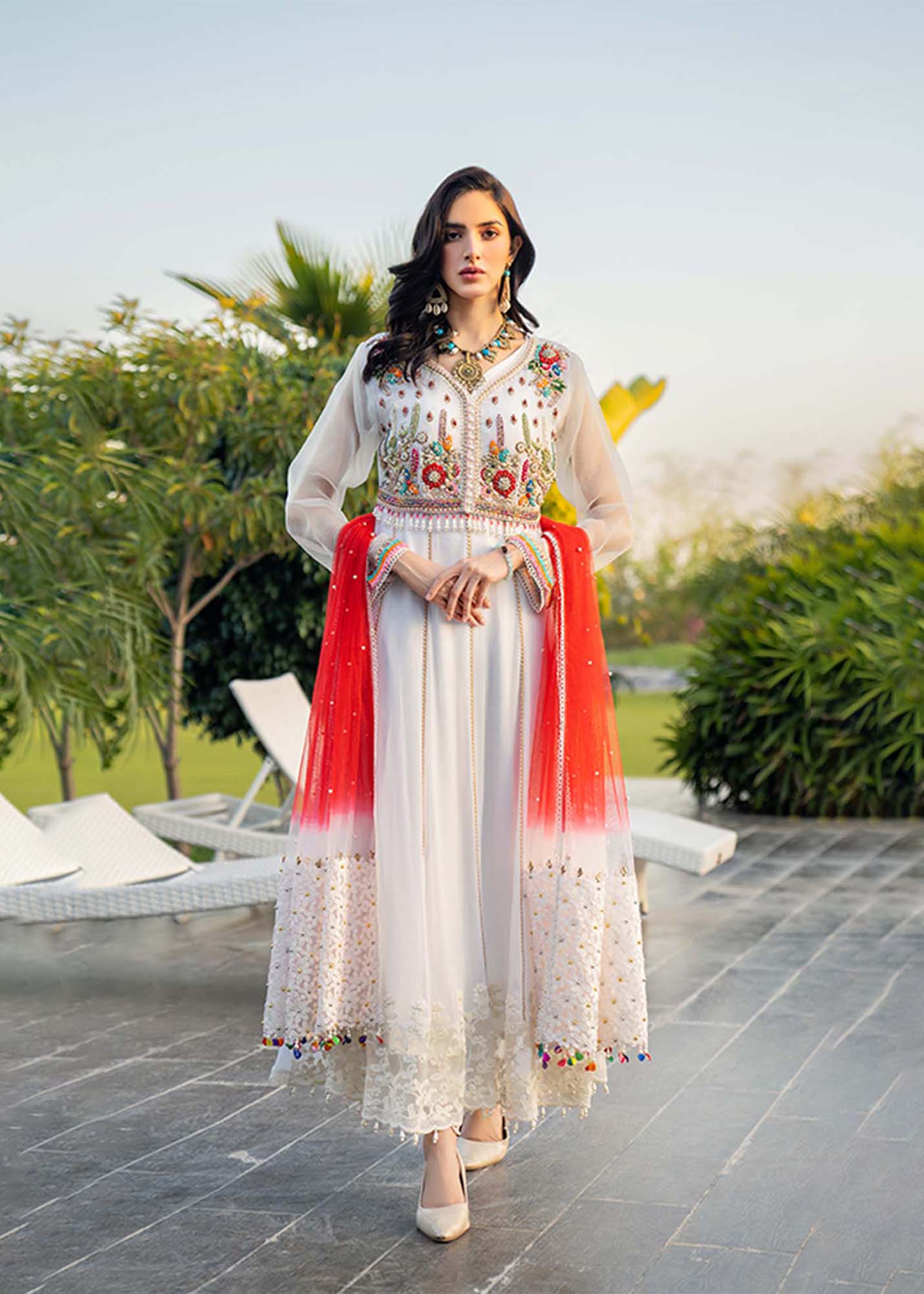 Buy White Anarkali Dress with Red Dupatta Online SALWAR MAHAL