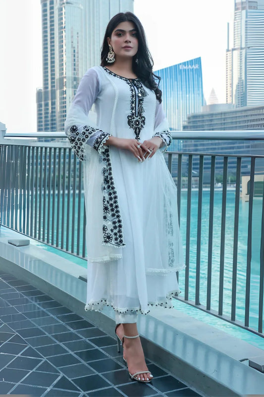 White & Black Hand Embroidered Pure Chiffon Suit