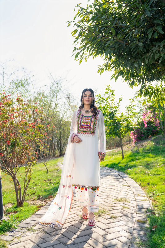 White Handmade Chiffon Suit