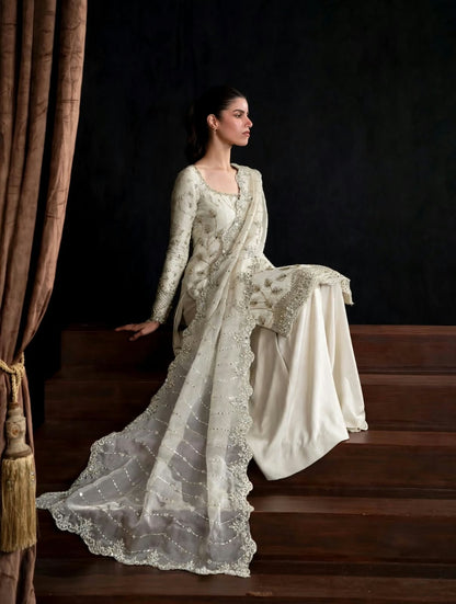 White Pure Crinkle Chiffon Suit with Cutdana Work