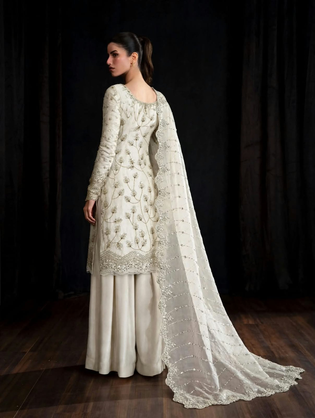 White Pure Crinkle Chiffon Suit with Cutdana Work