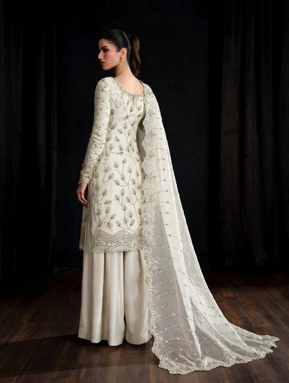 White Pure Crinkle Chiffon Suit with Cutdana Work