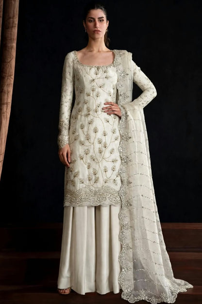 White Pure Crinkle Chiffon Suit with Cutdana Work