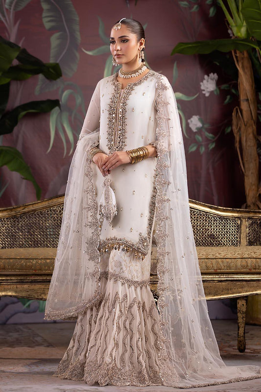 Hand Embroidered White Pure Chiffon Gharara
