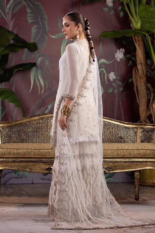Hand Embroidered White Pure Chiffon Gharara
