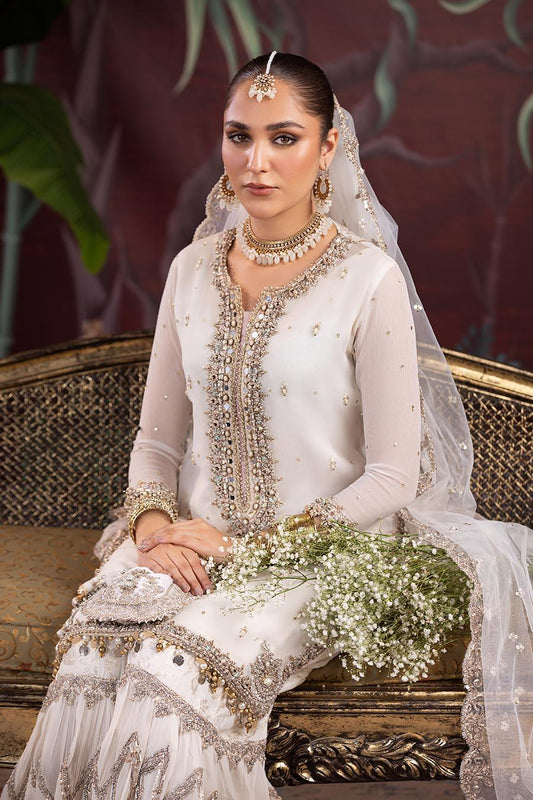 Hand Embroidered White Pure Chiffon Gharara
