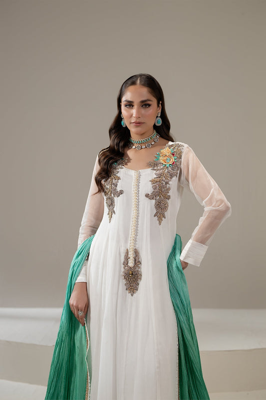 White Handmade Pure Chiffon Sharara