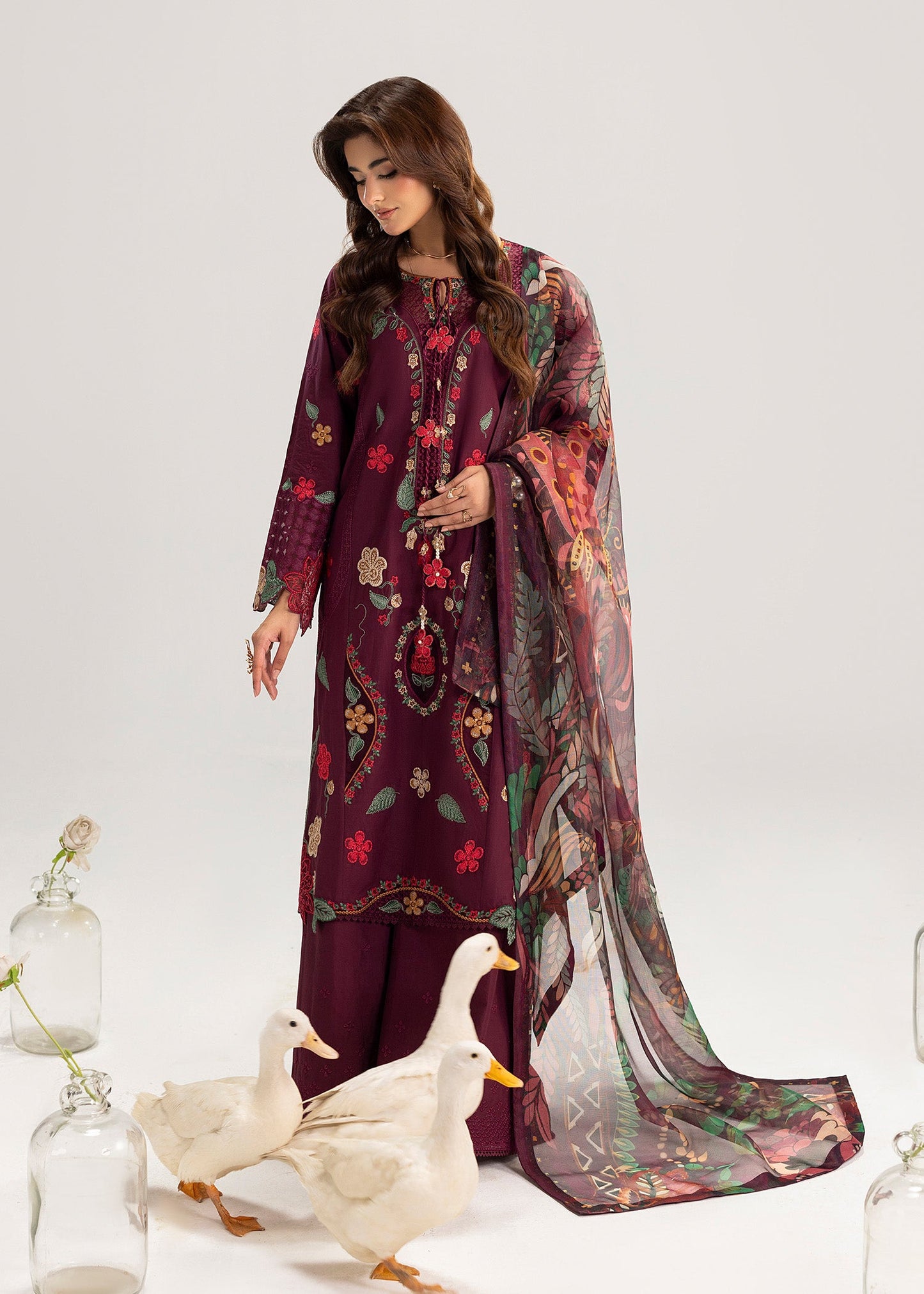 Wine Color Lawn Suit with Printed Dupatta Online in UK USA Canada