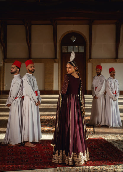 Wine Embroidered Chiffon Festive Wear Kurta Online in Dubai UAE Abudhabi Ajman Sharjah