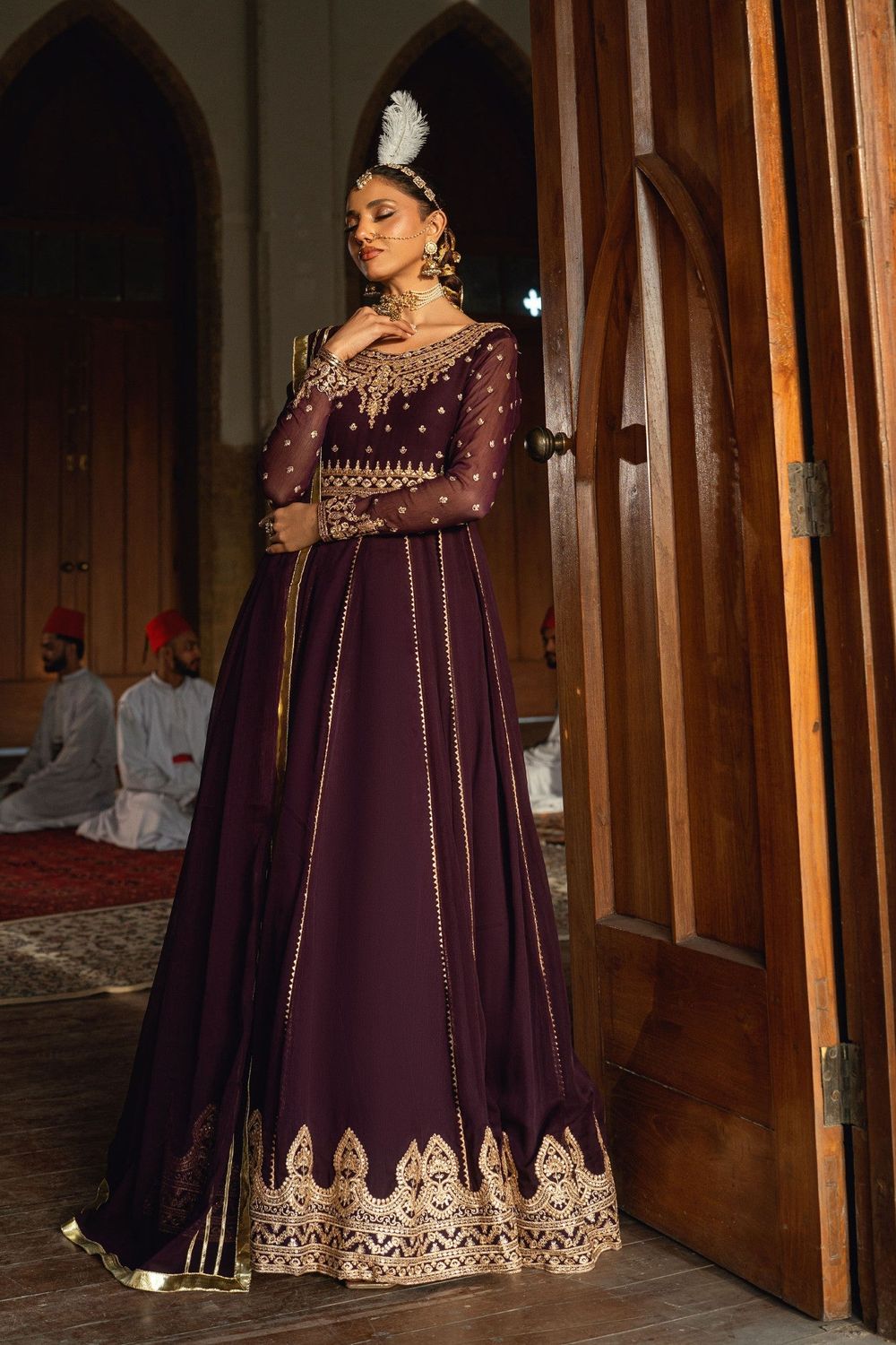 Wine Embroidered Chiffon Festive Wear Maxi Online in Dubai UAE Abudhabi Ajman Sharjah