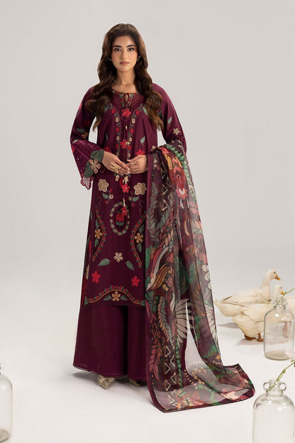 Wine Embroidered Lawn Suit with Organza Dupatta Online in Dubai UAE Abudhabi Ajman Sharjah