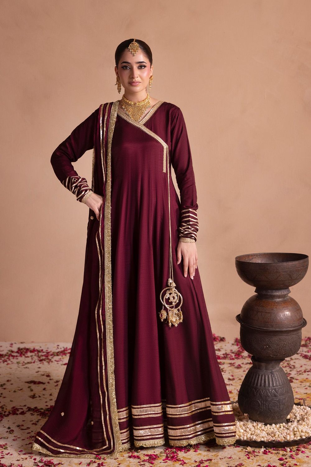 Wine Embroidered Raw Silk Angrakha Suit Online in Dubai UAE Abudhabi Ajman Sharjah