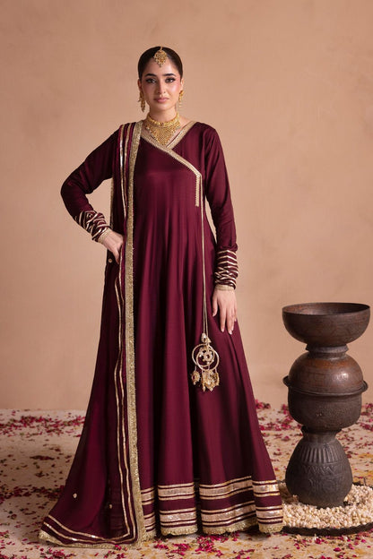 Wine Embroidered Raw Silk Angrakha Suit Online in Dubai UAE Abudhabi Ajman Sharjah