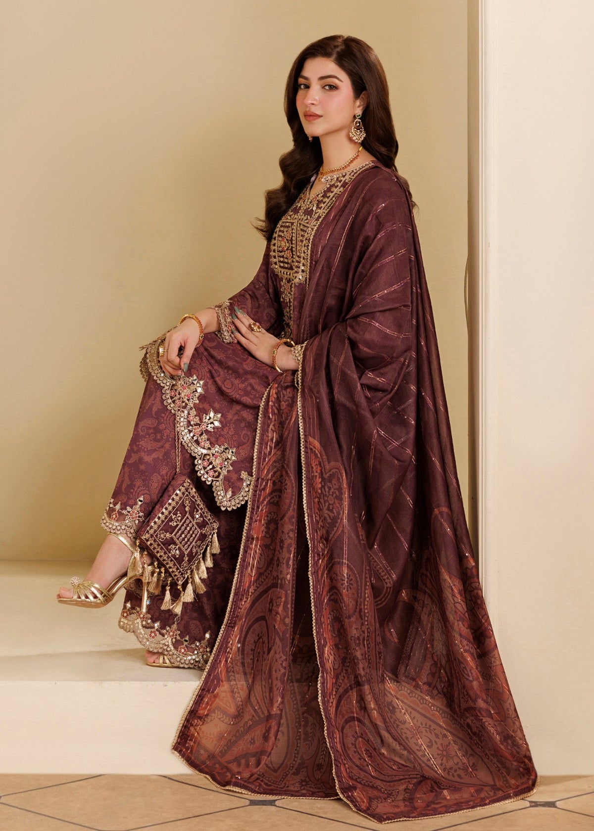 Wine Red Blended Khaddar Mirror Work 3 Piece Suit Online in Dubai DXB UAE Abudhabi Meena Bazaar