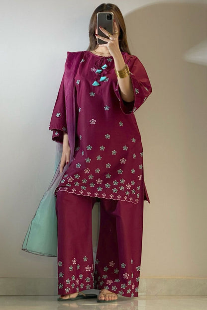 Wine Red Embroidered Lawn Cotton Kurta Set Online in Dubai UAE Abudhabi Ajman Sharjah