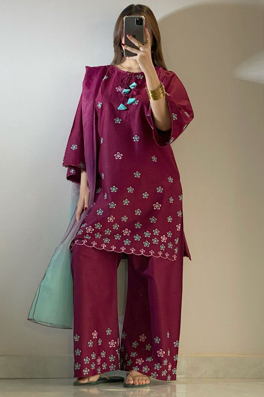 Wine Red Embroidered Lawn Cotton Kurta Set Online in Dubai UAE Abudhabi Ajman Sharjah