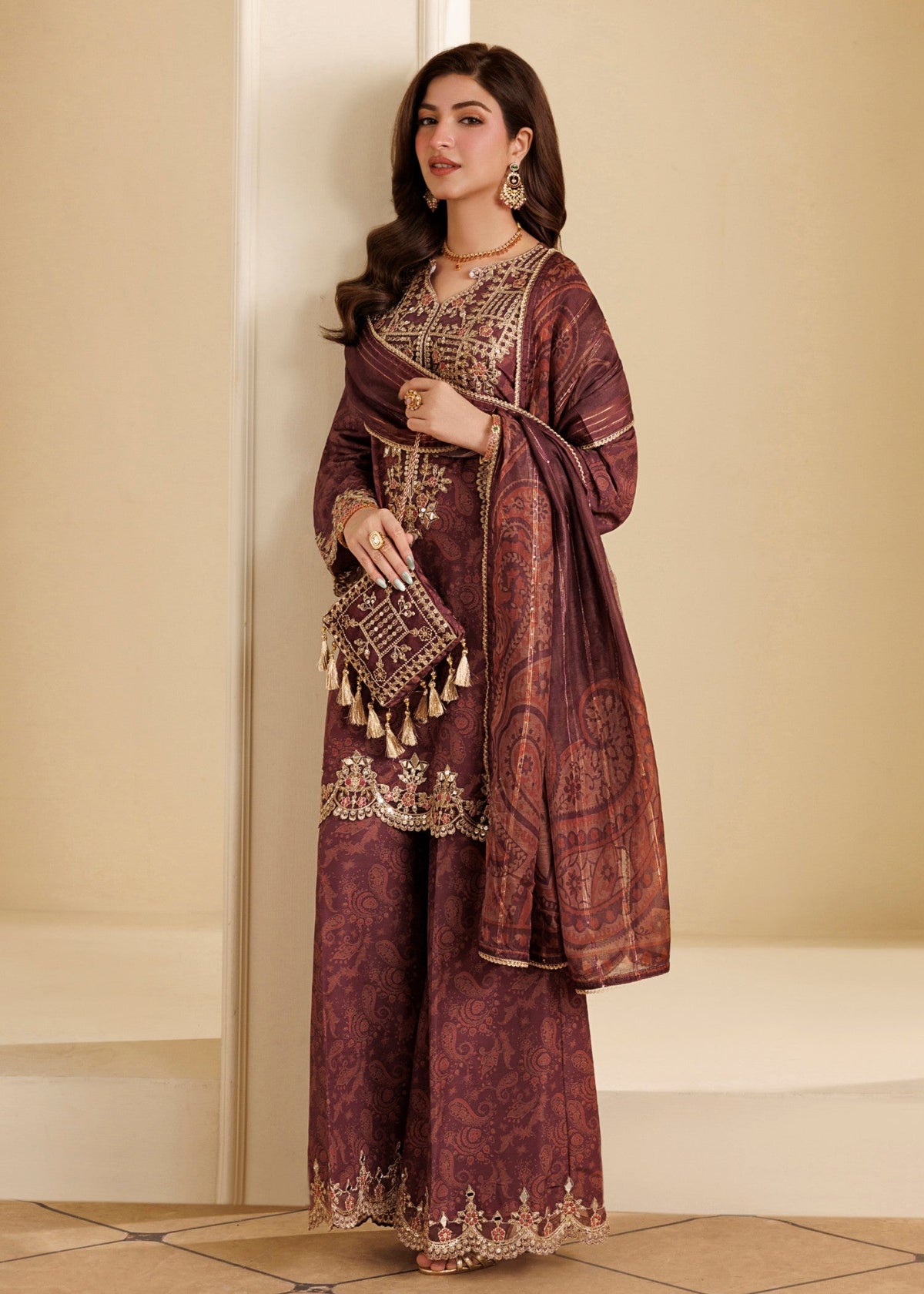 Wine Red Khaddar Mirror Work Pakistani Clothes For Mehndi Online in KSA Riyadh Saudi Arabia Oman Bahrain Qatar