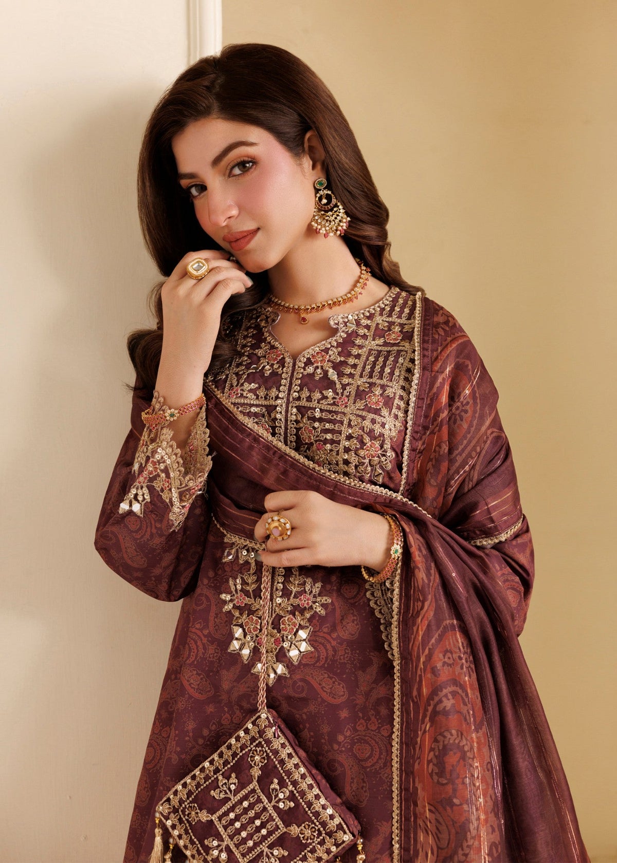 Wine Red Mirror Work Khaddar Latest Pakistani Suits Online in Sri Lanka India Australia