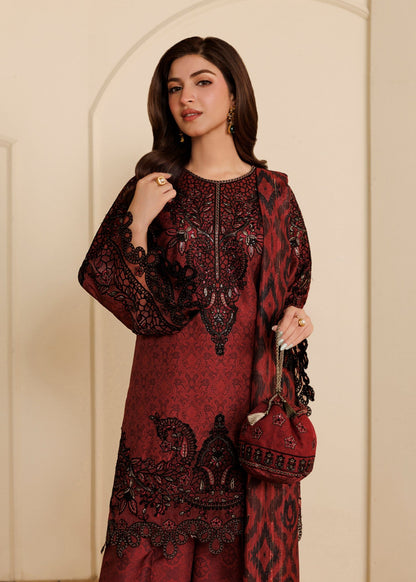 Winter Wear Blood Red 3 Piece Salwar Kameez Online in KSA Riyadh Saudi Arabia Oman Bahrain Qatar
