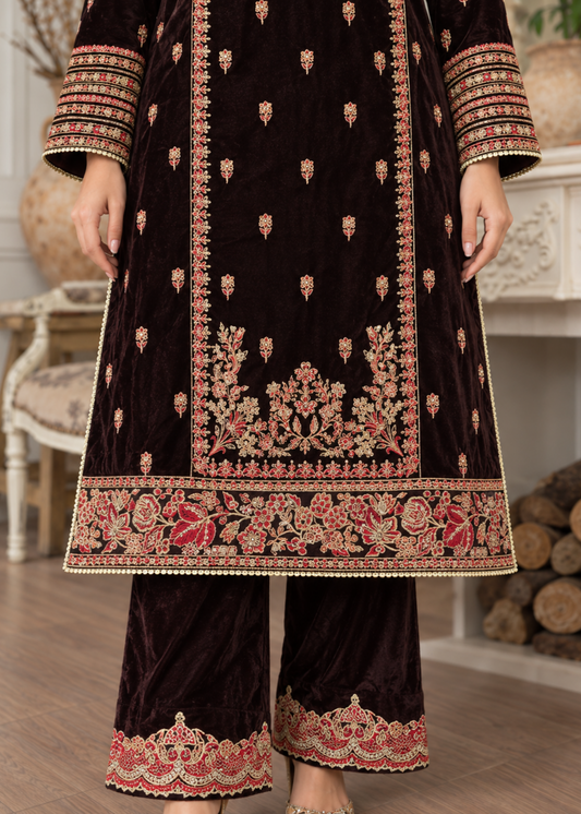 Winter Wear Brown Velvet Pakistani Suit Online in Sri Lanka India Australia