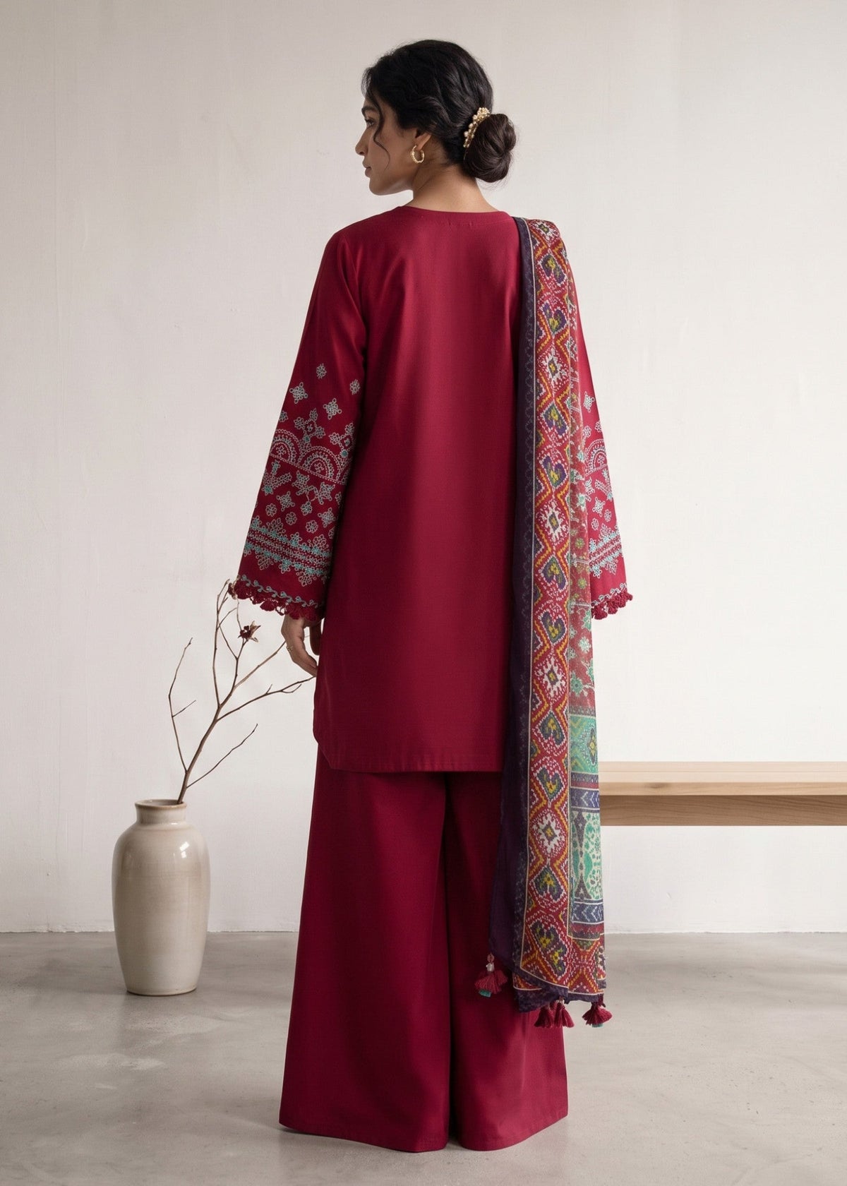 Winter Wear Carmine Embroidered Dhanak Kurta Set Online in Dubai DXB UAE Abudhabi Meena Bazaar