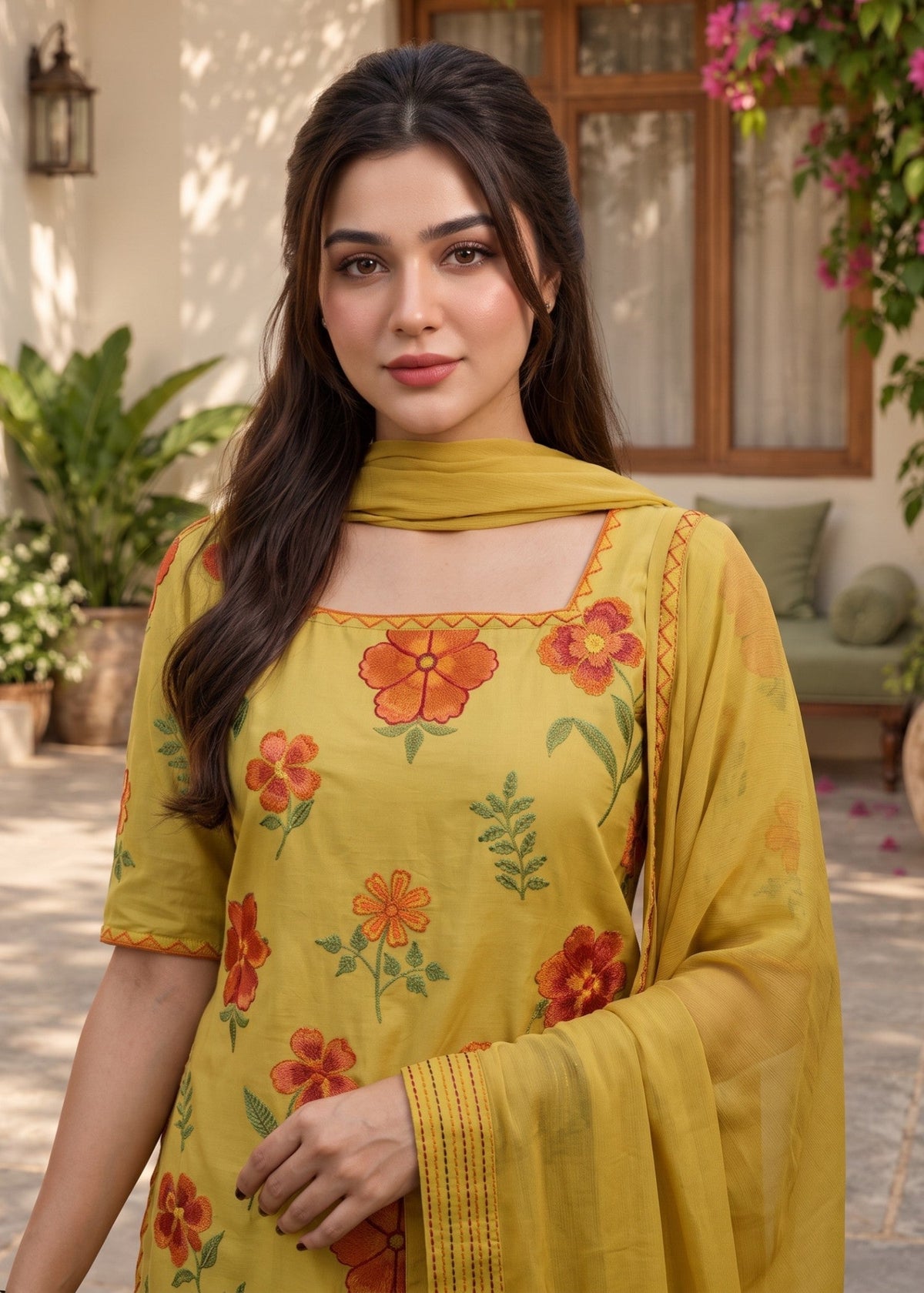 Winter Wear Mellow Yellow Embroidered Dhanak Salwar Suit Online in Dubai DXB UAE Abudhabi Meena Bazaar
