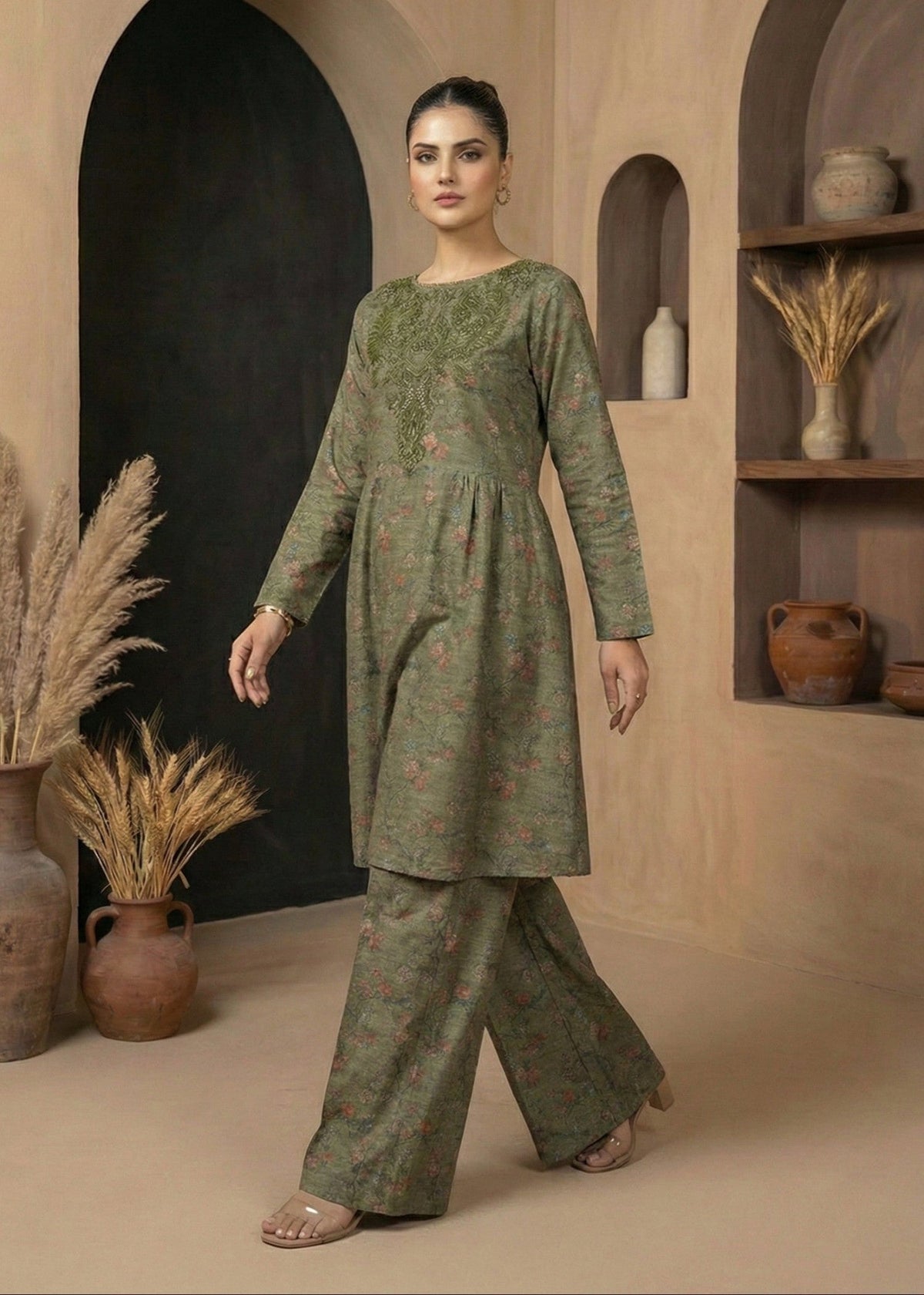 Winter Wear Moss Green Raw Silk Churidar Online in Sri Lanka India Australia