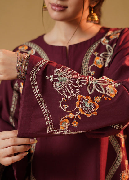 Winter Wear Plum Embroidered Slub Khaddar Kurta Set Online in Dubai DXB UAE Abudhabi Meena Bazaar