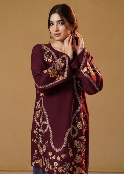 Winter Wear Plum Embroidered Slub Khaddar Kurta Set Online in Sri Lanka India Australia