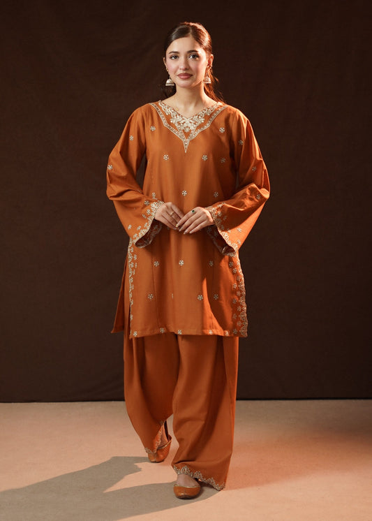 Winter Wear Rust Chikankari Kurta Set with Farshi Shalwar Online in KSA Riyadh Saudi Arabia Oman Bahrain Qatar