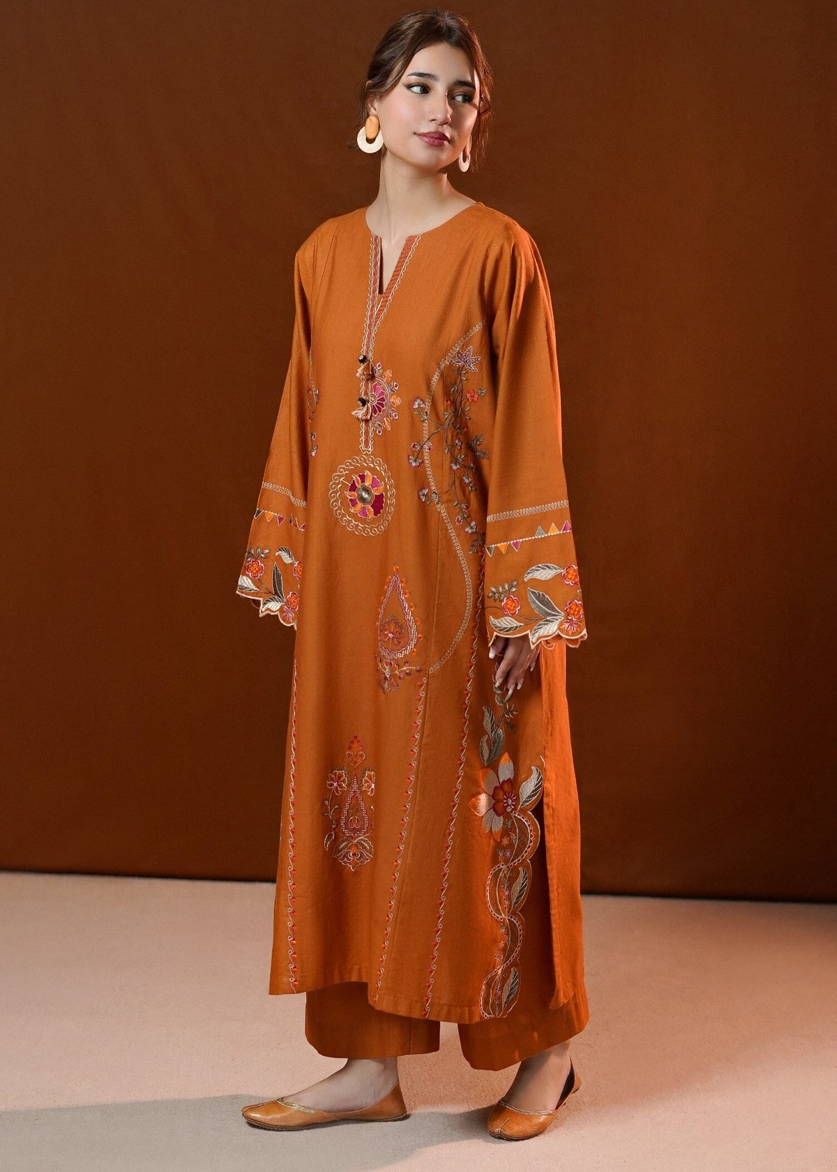 Winter Wear Rust Khaddar Pakistani Kurta Set Online in KSA Riyadh Saudi Arabia Oman Bahrain Qatar